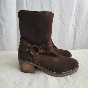 Vintage Foundry Co Sienna Suede Studded Harness Boot Brown Heeled Size 7.5